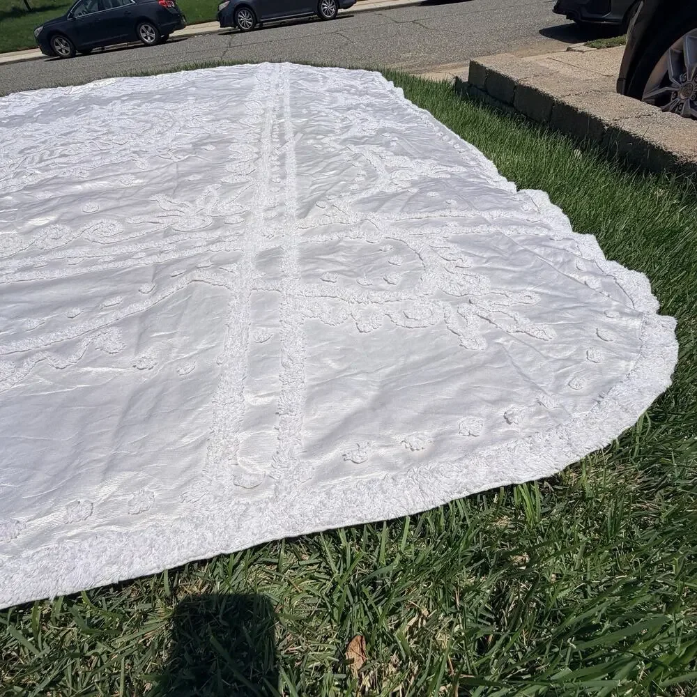 Vtg 50's EVERWEAR Chenille Satin Bedspread Cream White Full/Queen Hollywood Glam